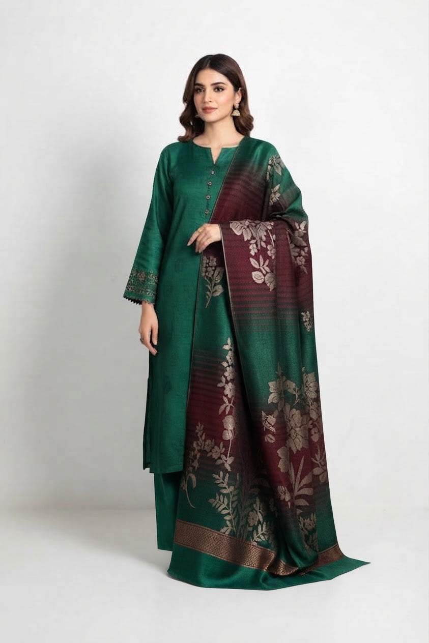 3 piece winter wool jacquard Shawl with plain zariline marina shirt trouser (green )