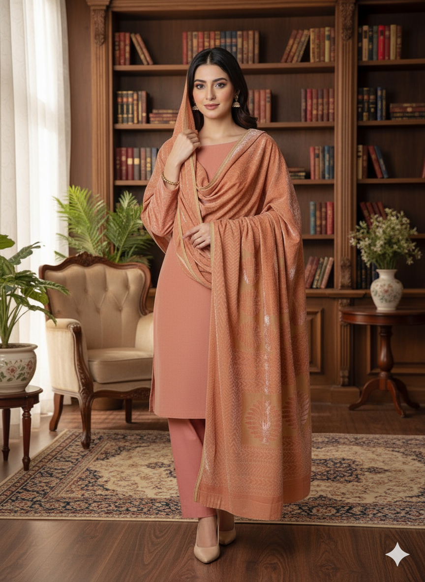 3 piece winter Palachi Shawl with dhanak Marina shirt and trousee ( pink ) FD2
