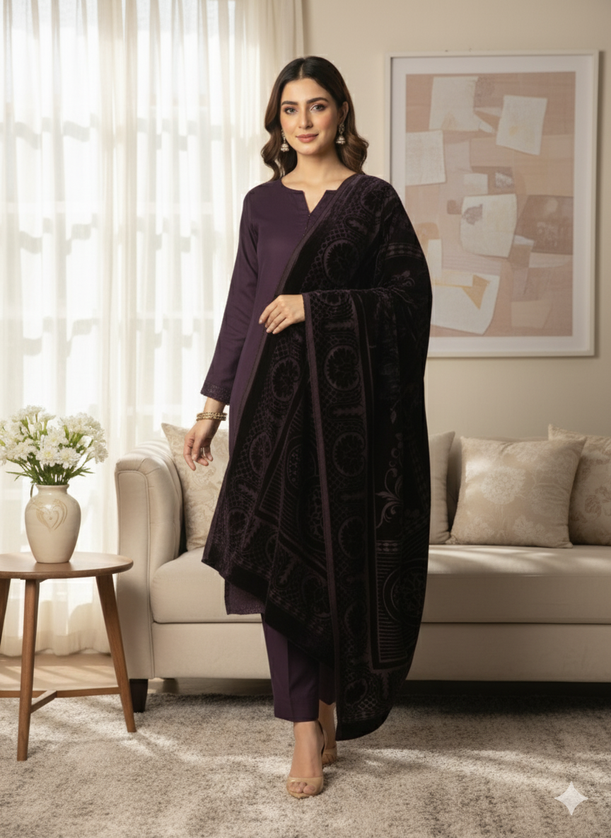 3 piece winter Palachi Shawl with plain marian Shirt& trouser (purple m.b design )
