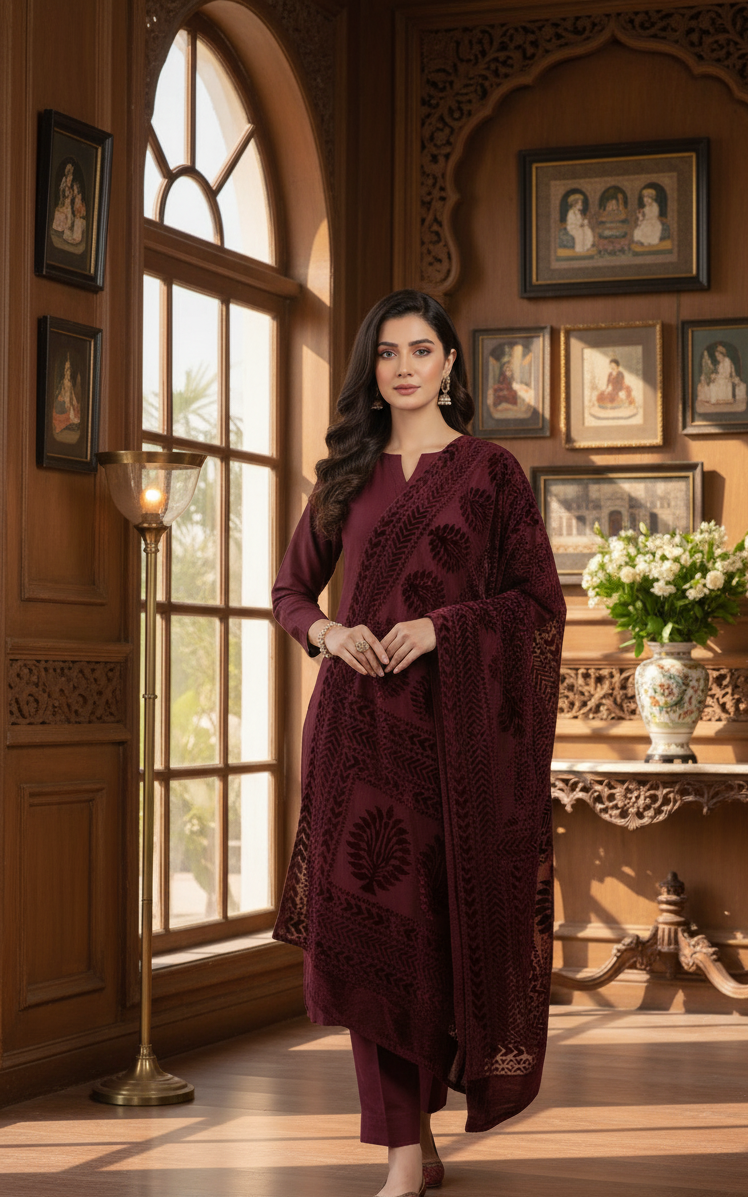 3 piece winter Palachi Shawl with Plain Marina shirt and trouser (maroon ) OD
