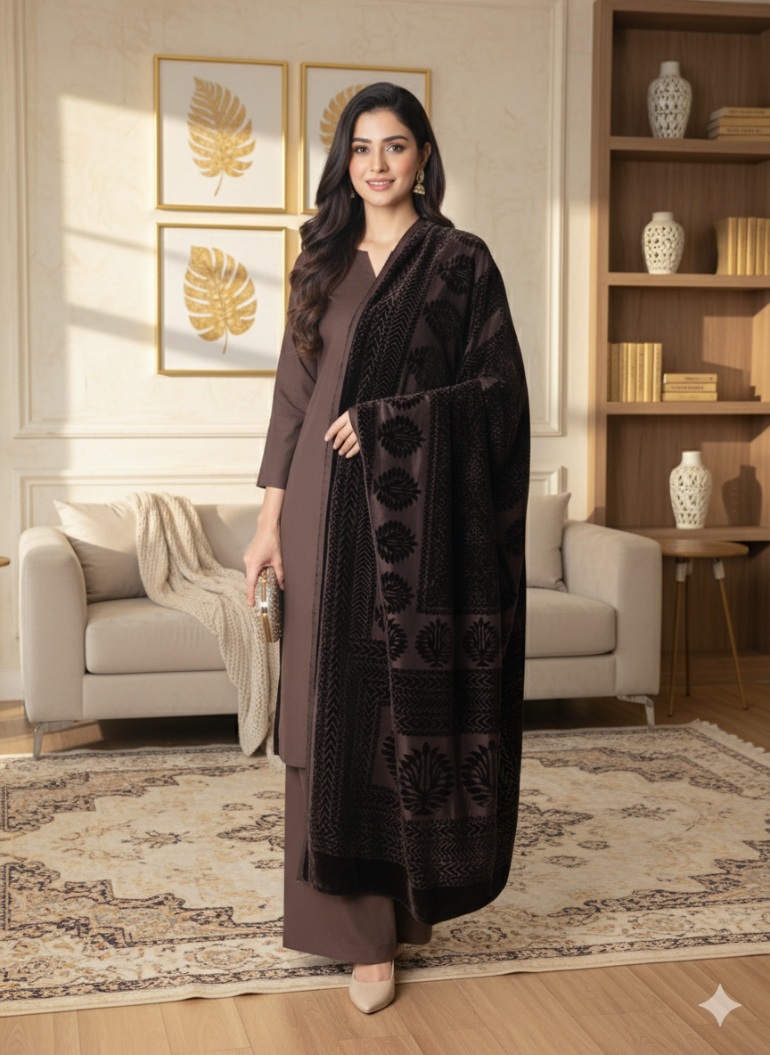 3 piece winter Palachi Shawl with plain dhanak marina Shirt& trouser (chocolate Brown)