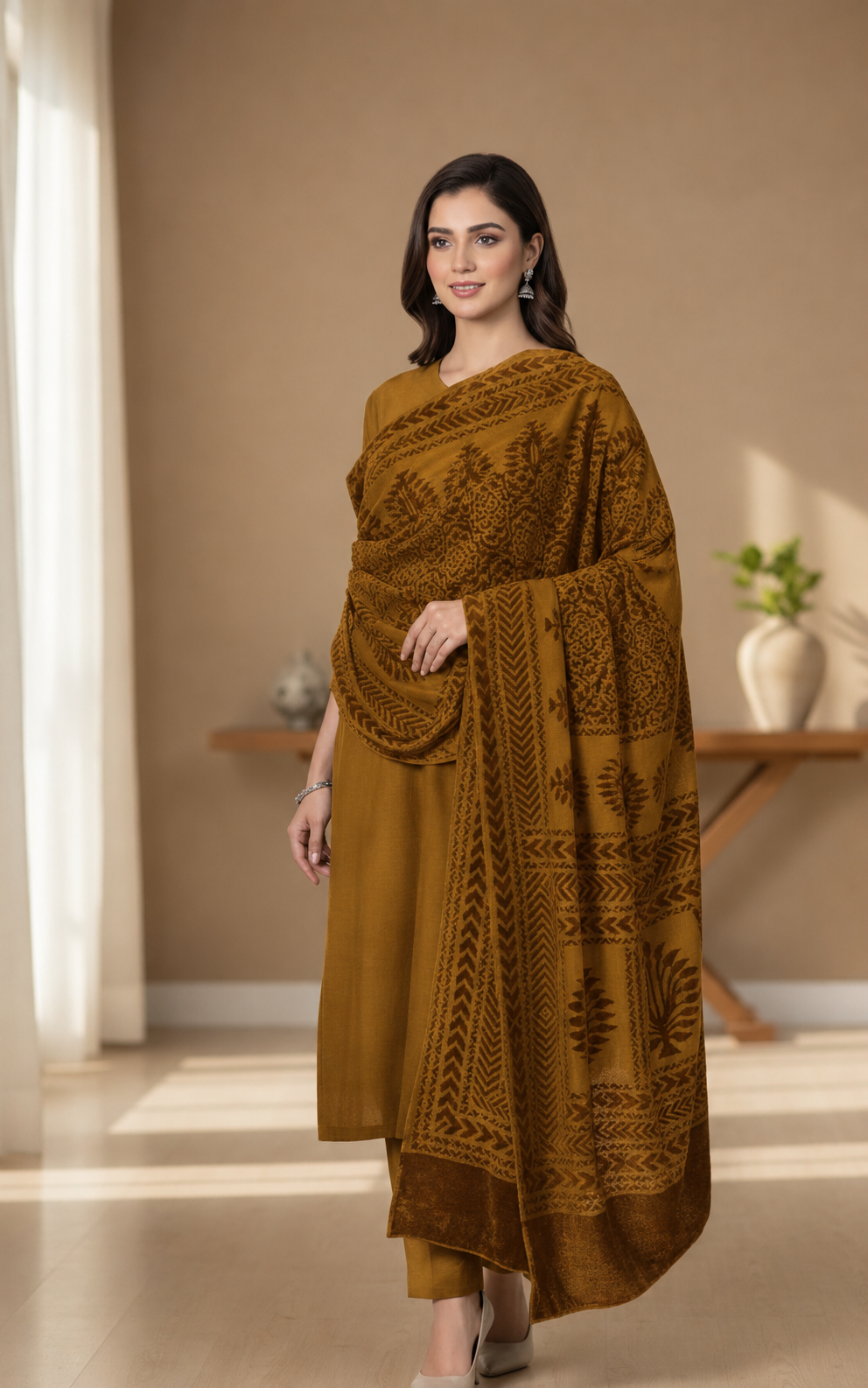 3 piece winter Palachi Shawl with zariline Marina shirt & Trouser (mustard brown ) CD