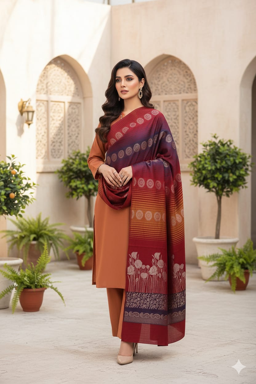 3 piece winter wool Banarsi Shawl with plain karandi shirt & Trouser (Rust )