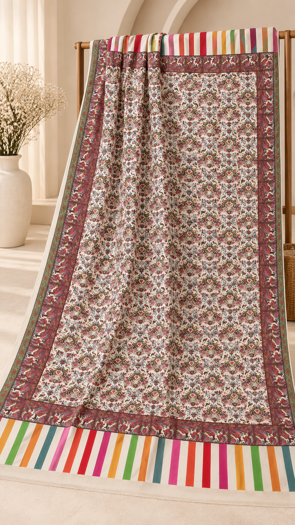 Elegant Ivory Floral Printed Shawl with Multicolor Striped Border