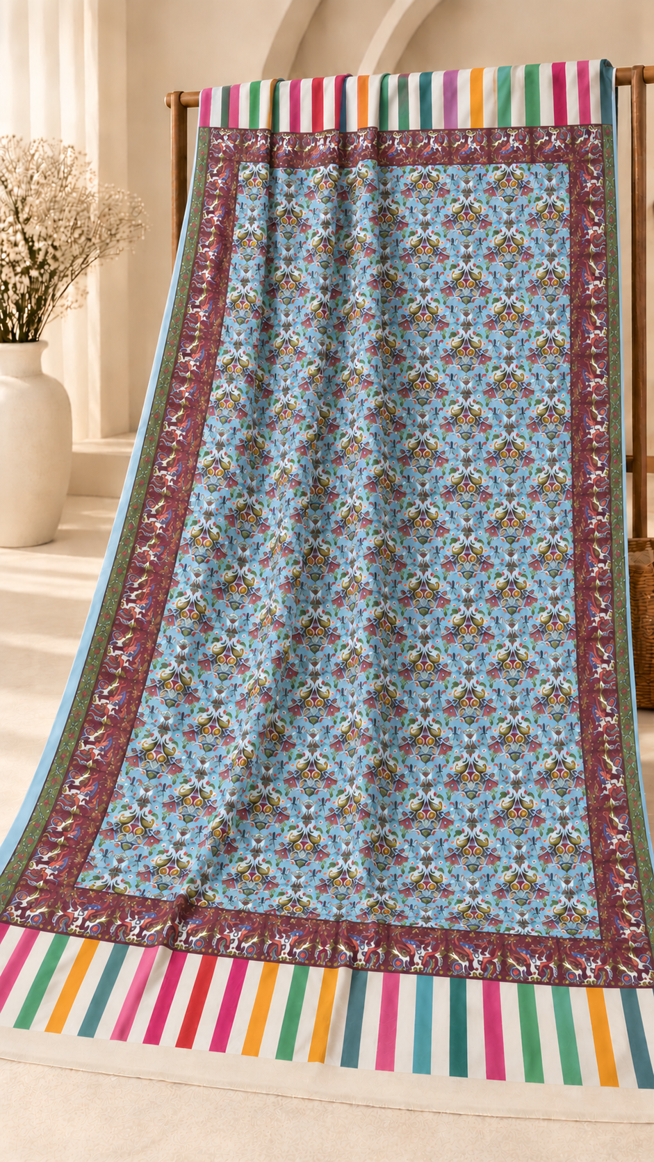 Elegant Sky Blue Floral Printed Shawl – Multicolor Striped Border
