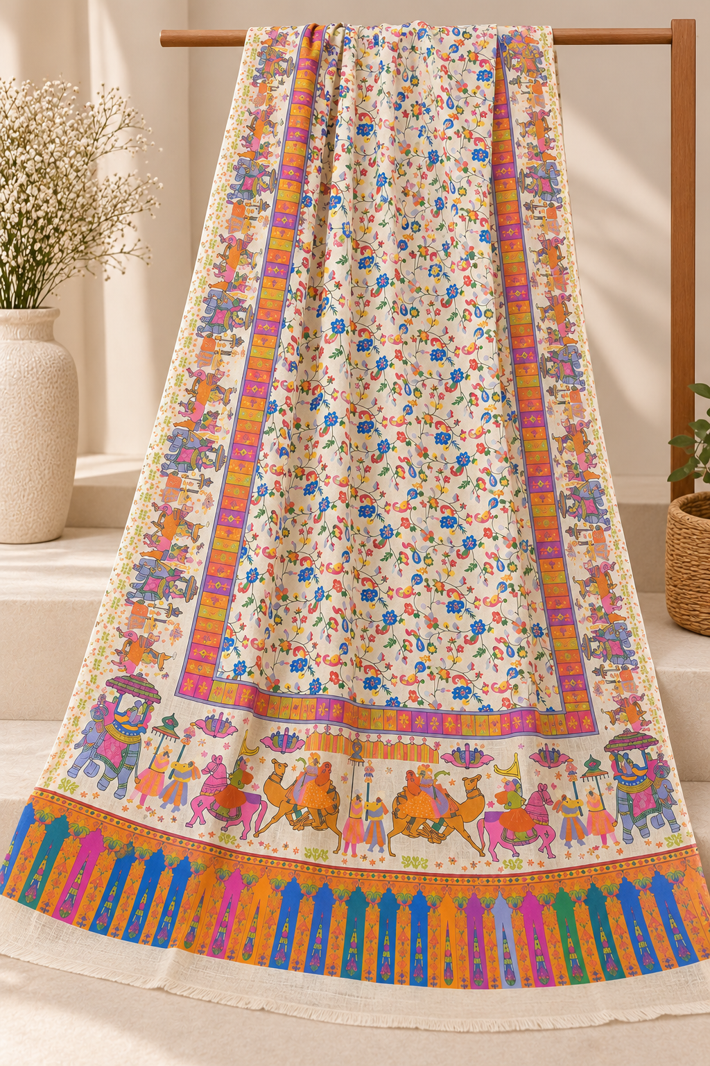 Elegant Ivory Multicolor Floral & Traditional Printed Stole