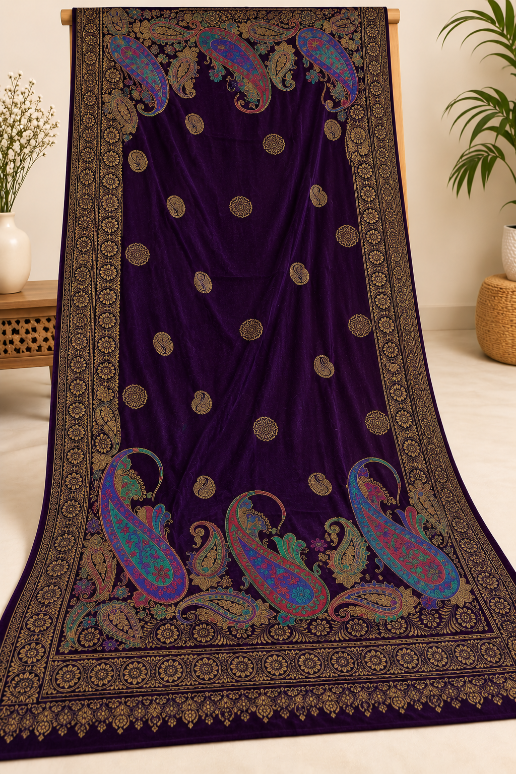 Premium Velvet Printed Shawl ( Purple )