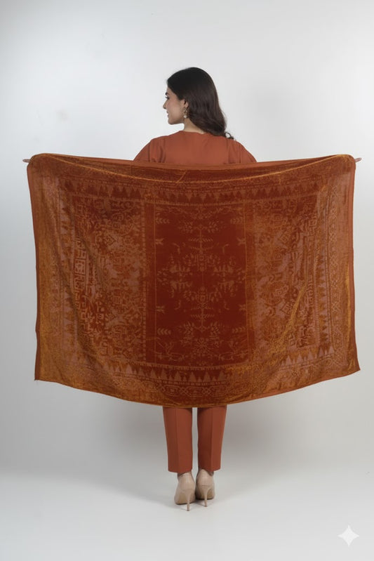3 piece winter Palachi Shawl with Rice karandi shirt & Trouser (Rust ) FC