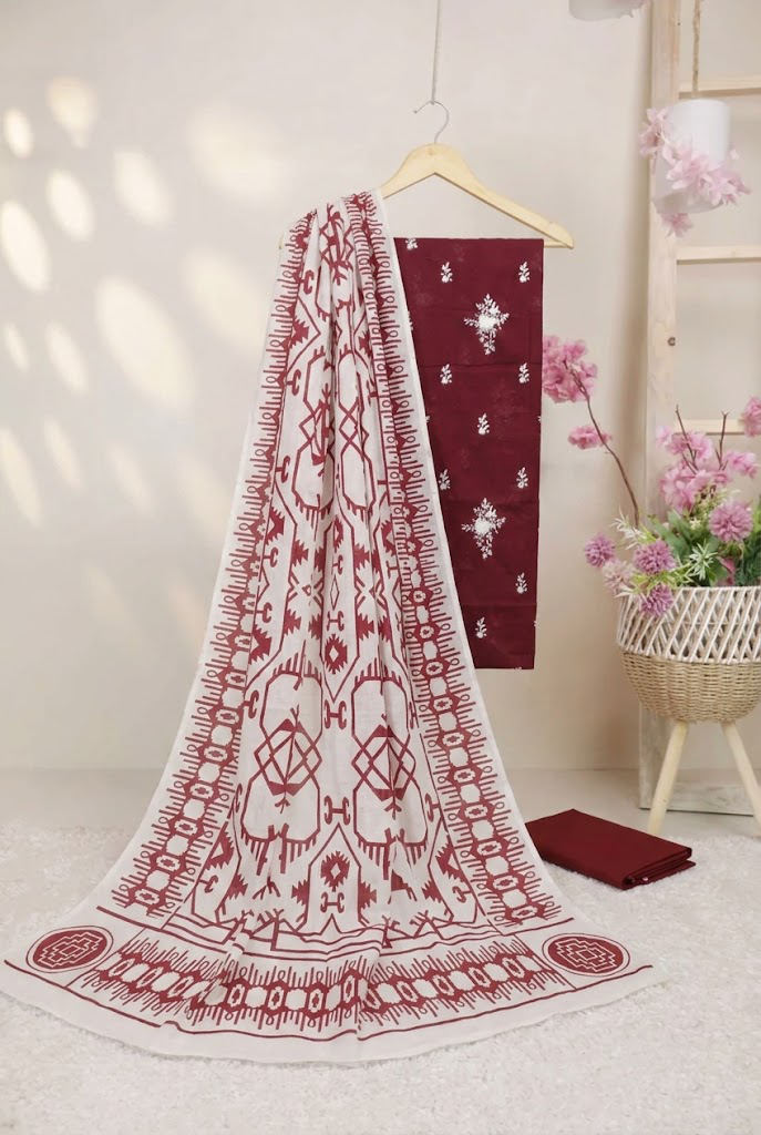 3 piece Lawn Embroided shirt with digital printed dubatta mahroon
