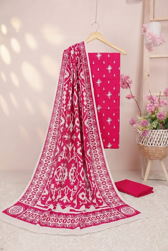 3 piece Lawn Embroided shirt with digital printed dubatta shooking pink