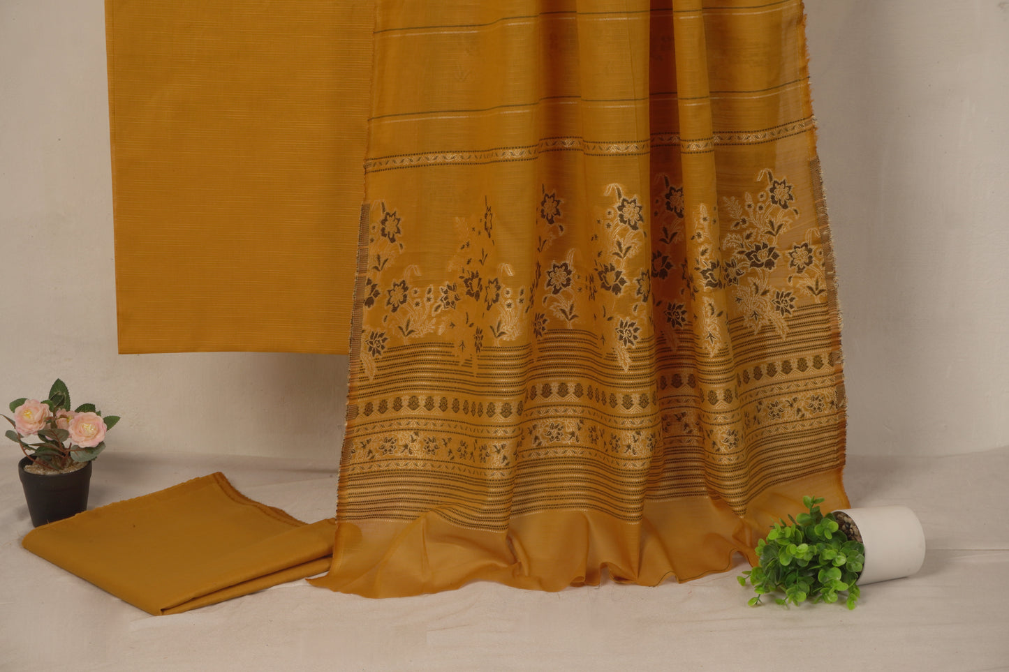 3 Piece doria lawn with banarsi shawl musturd BSL7