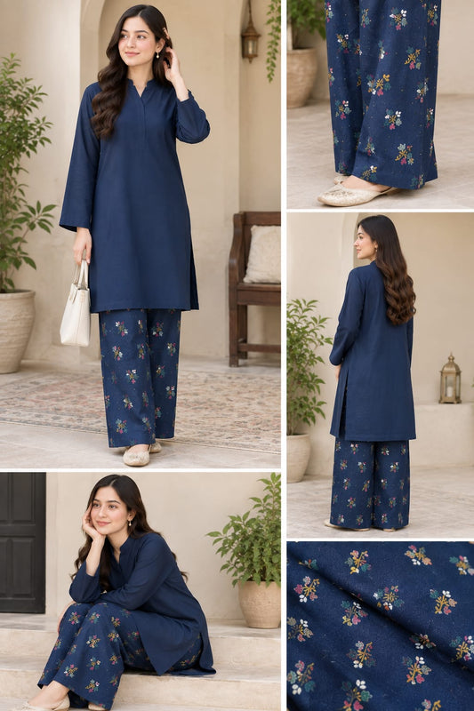 2 piece winter lakhani dhanak marina plian shirt with printed trouser ( ZINC)