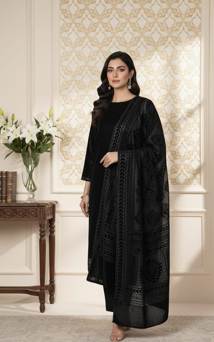 3 piece winter Palachi Shawl with plain  Dhanak Marina shirt & Trouser (black) FC