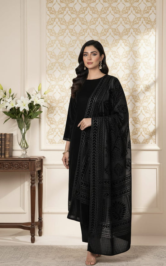 3 piece winter Palachi Shawl with plain  Dhanak Marina shirt & Trouser (black) FC