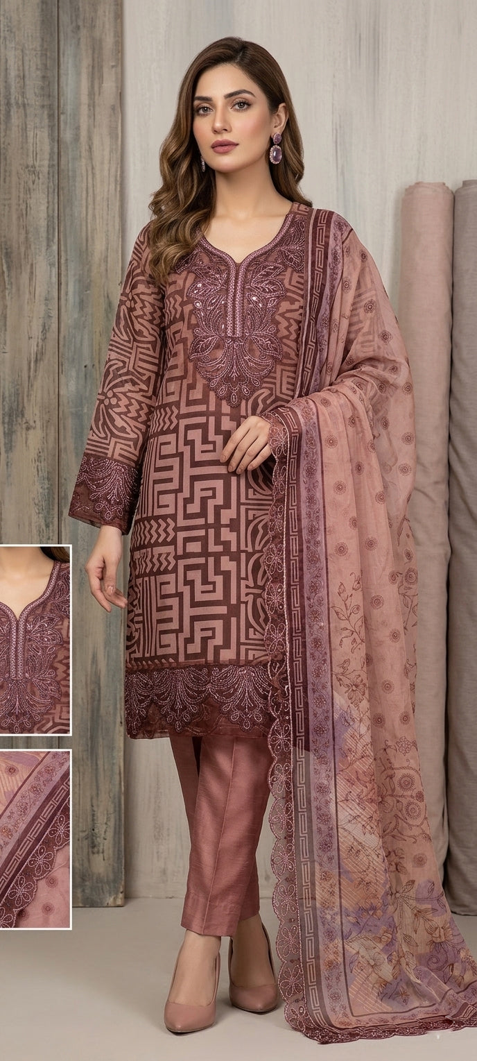 lawn printed 3 piece with patches and embroided Dubatta