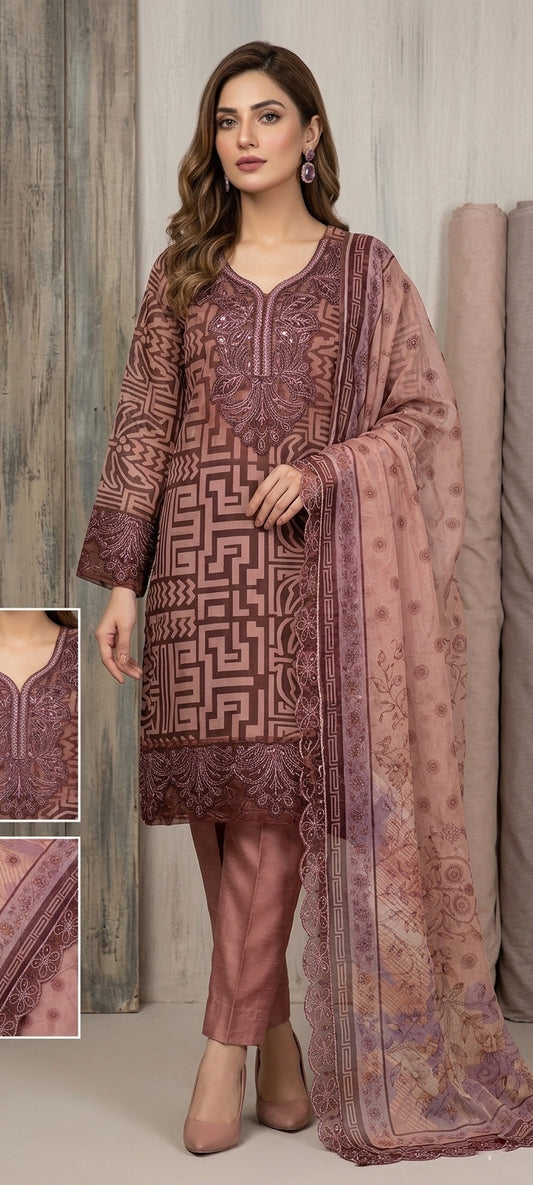 lawn printed 3 piece with patches and embroided Dubatta