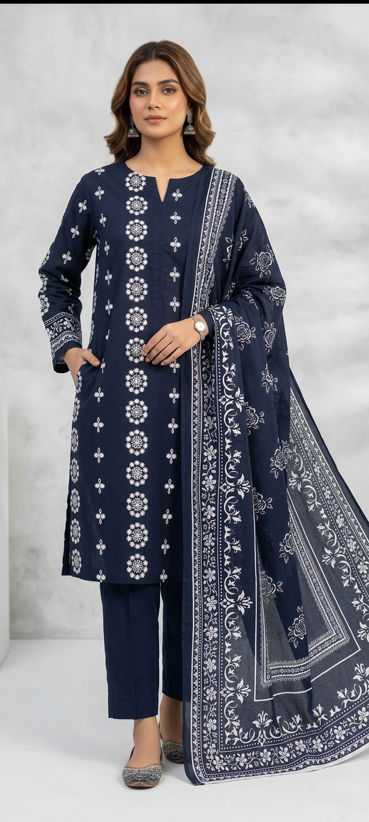 Unstitched 3 piece  Lawn  Embroided shirt with printed dubatta    (Navy blue )