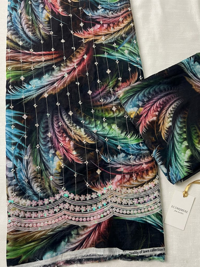 2 piece lawn shirt trouser  printed sequence and moti work d1