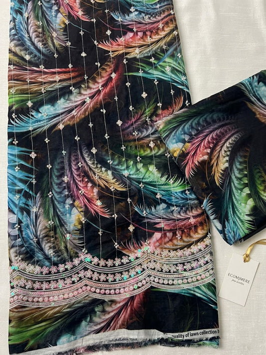 2 piece lawn shirt trouser  printed sequence and moti work d1