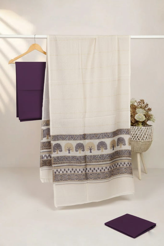 Lawn 3 piece with light weight skin Jacquard shawl  ( purple 1).