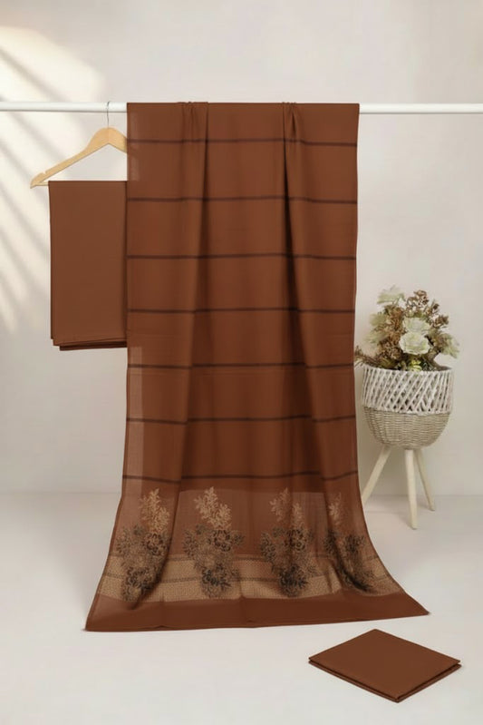 Lawn 3 piece with light weight Jacquard shawl   brown
