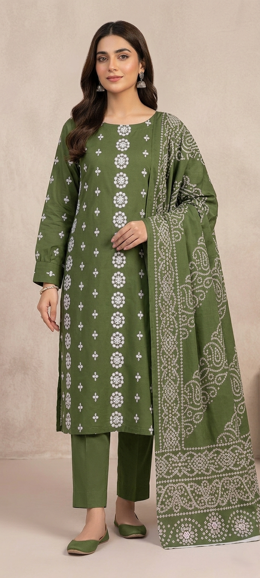 Unstitched 3 piece  Lawn  Embroided shirt with printed dubatta    (M.green)