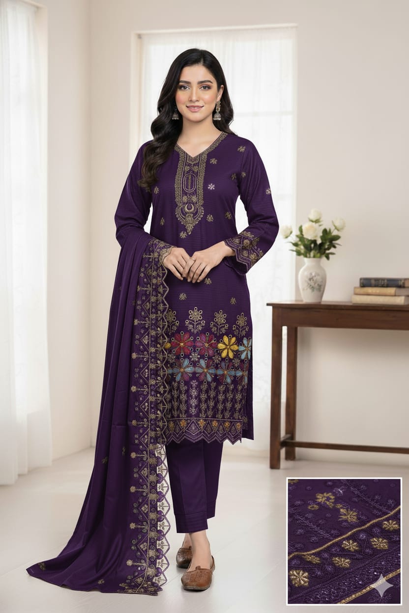 winter Embroided Damman  Booring 3 piece (Blue)