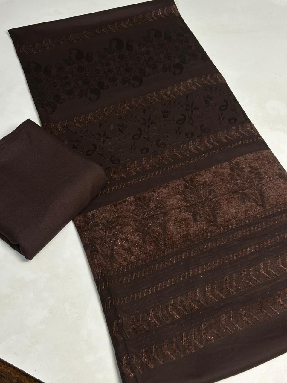 3PC MARINA VELVET SHAWL WITH ZARILINE SHIRT TROUSER (chocolate brown  )
