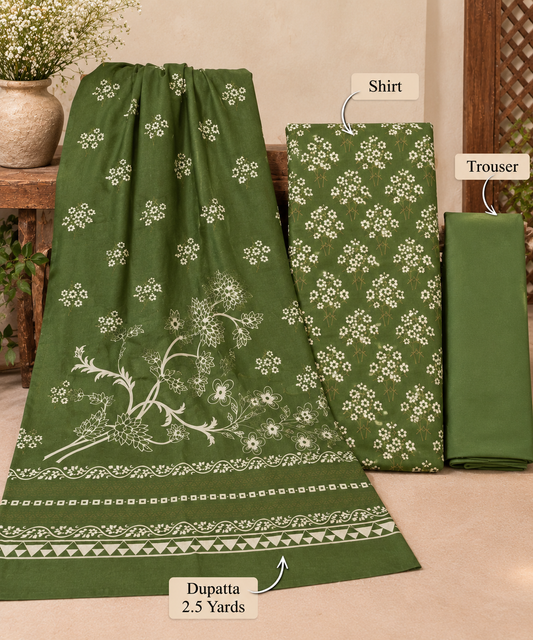 3Piece - Dhanak Lakhani Print  Suit Classic ( mehndi green )