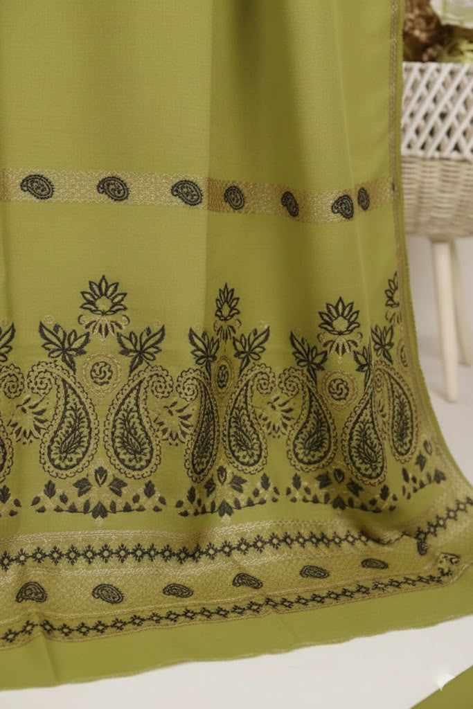 Lawn 3 piece with light weight Jacquard shawl  ( Olive Green).