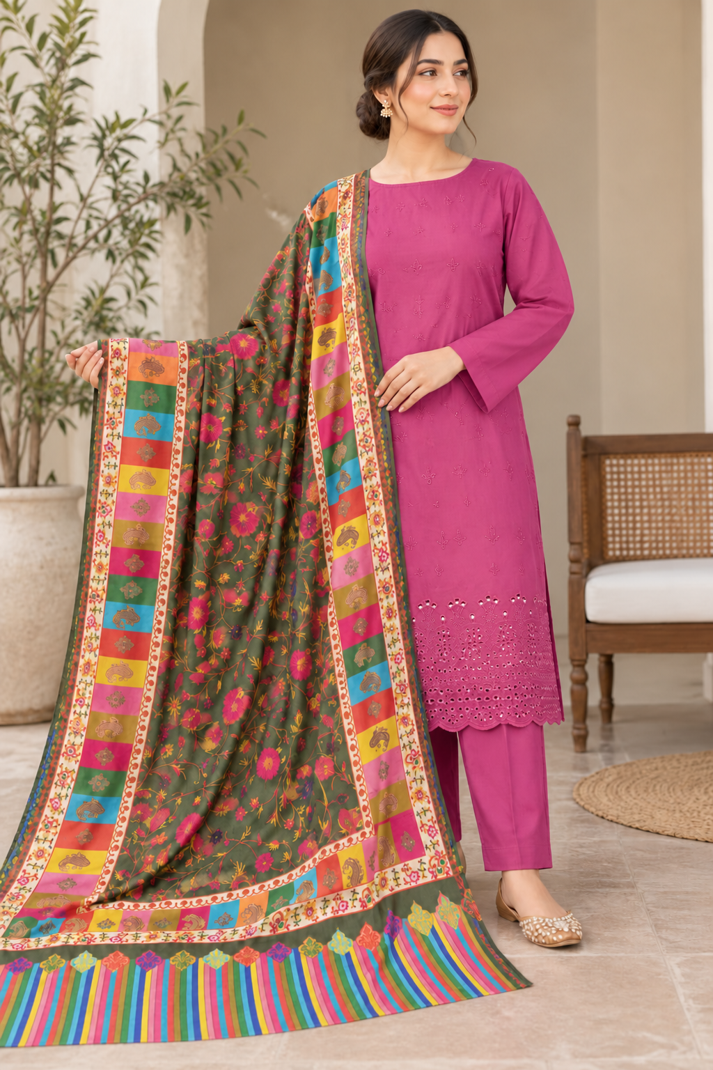 Printed Pashmina Shawl with Dhanak Marina Daman Boring Suit | Unstitched 3 Piece ( pink )