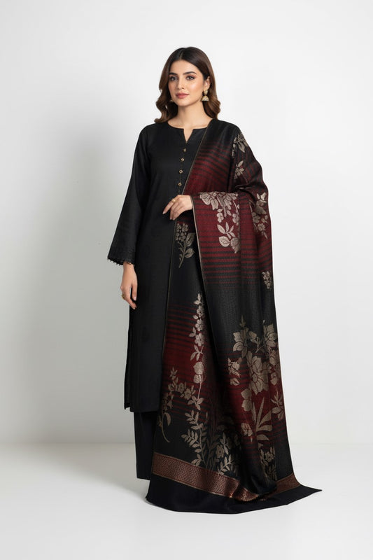 3 piece winter wool  jacquard    Shawl with  plain marina  shirt trouser   (black)