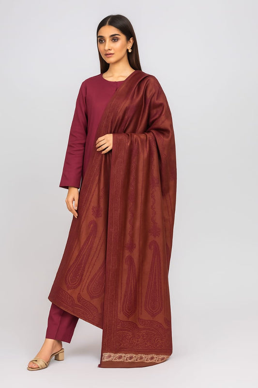 3 piece winter wool  jacquard    Shawl with plain marina shirt and trouser   (mahroon )