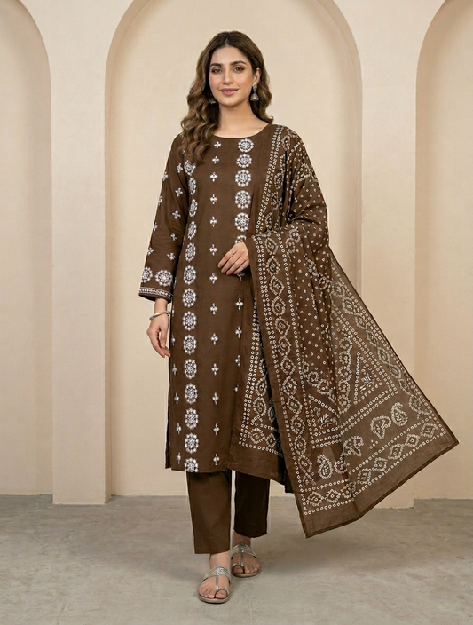Unstitched 3 piece  Lawn  Embroided shirt with printed dubatta    (chocolate brown )