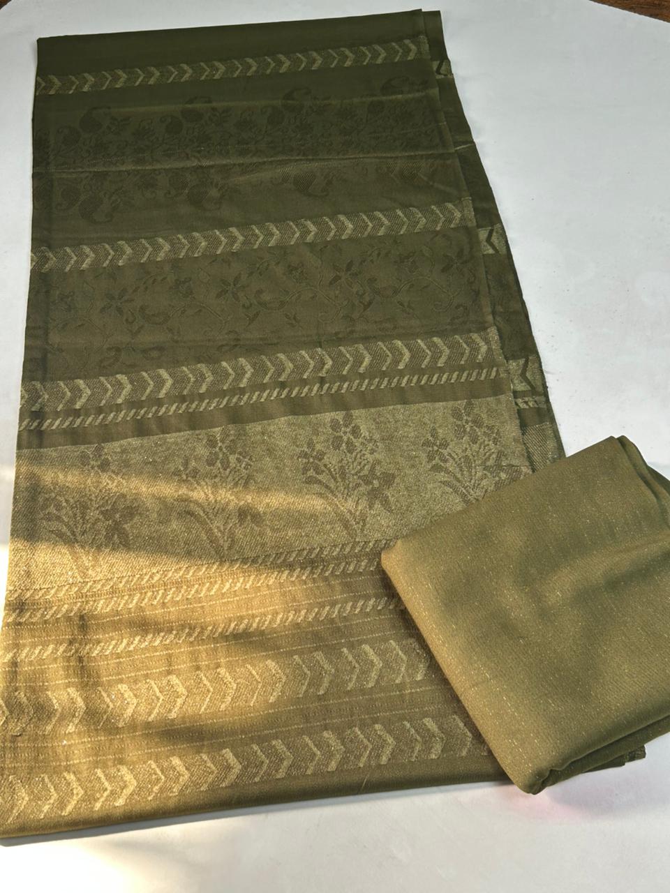 3PC MARINA VELVET SHAWL WITH ZARILINE SHIRT TROUSER (mehndi )