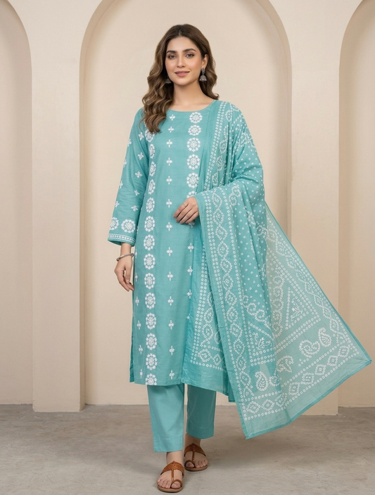 Unstitched 3 piece  Lawn  Embroided shirt with printed dubatta    (sky )