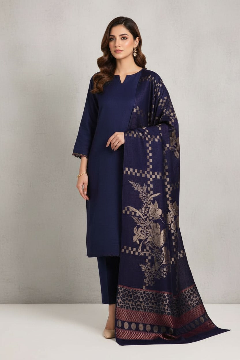 3 piece winter wool  jacquard    Shawl with   Zariline  Marina  Shirt and  trouser   (blue)1.1