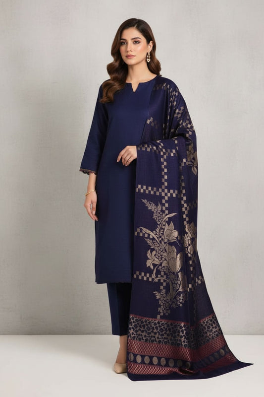 3 piece winter wool  jacquard    Shawl with   Zariline  Marina  Shirt and  trouser   (blue)1.1
