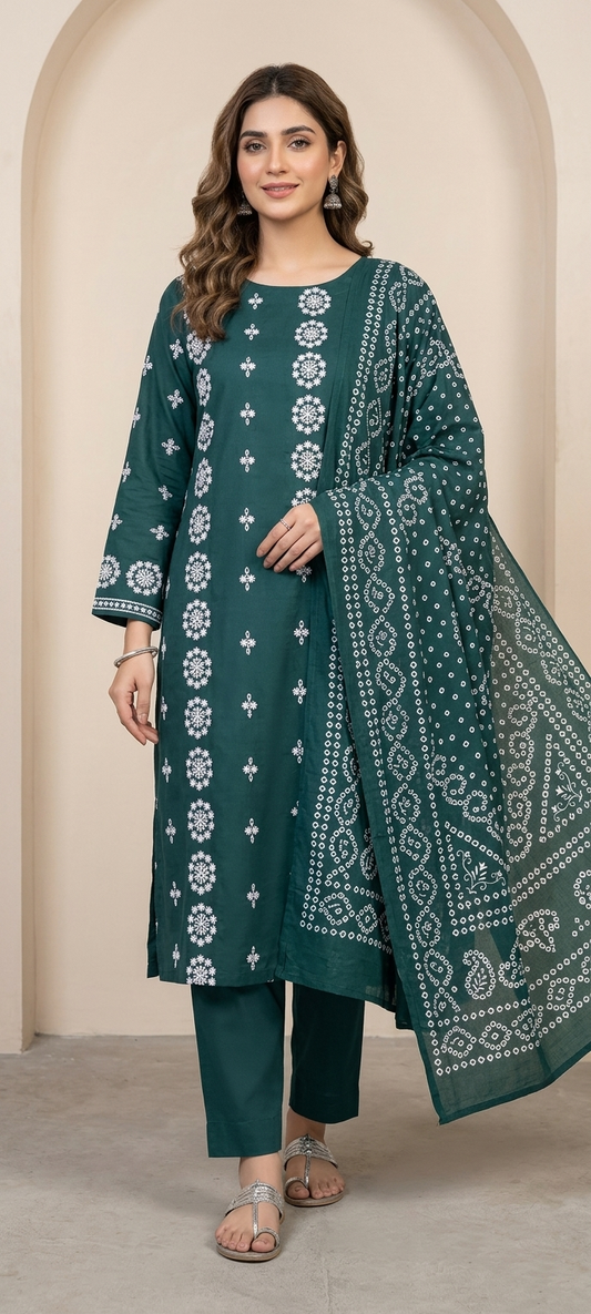 Unstitched 3 piece  Lawn  Embroided shirt with printed dubatta    (green )
