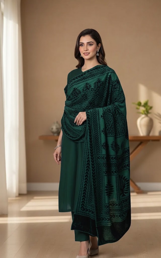 3 piece winter Palachi Shawl with  zariline  Marina  shirt & Trouser (green ) CD