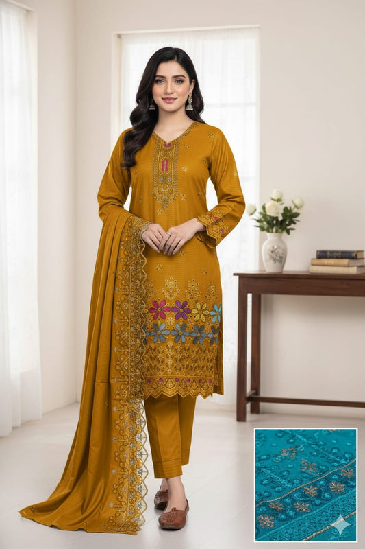 winter Embroided Damman  Booring 3 piece (Yellow)