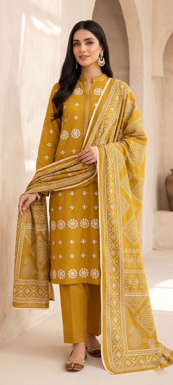 Unstitched 3 piece  Lawn  Embroided shirt with printed dubatta    (Honey Mustard ))