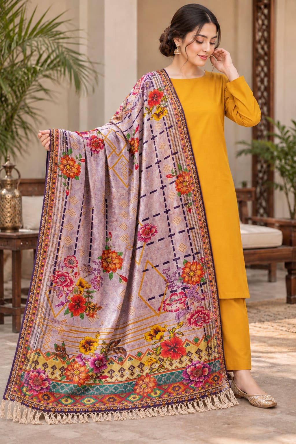 Velvet Sweet Leather Mini Shawl with Karandi Unstitched Suit ( musturd )