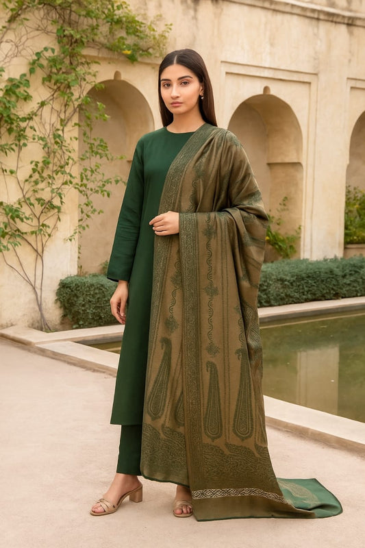 3 piece winter wool  jacquard    Shawl with  plain Marina shirt and  Trouser  (green8.5  )