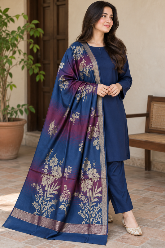 3 piece winter wool  jacquard    Shawl with   plain  Marina   (zink2)