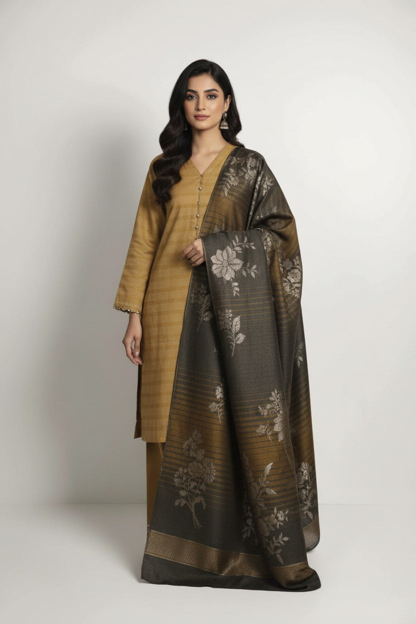 3 piece winter wool  jacquard    Shawl with plain marina  shirt trouser    (skn)