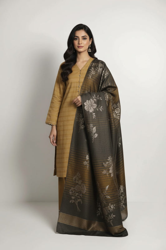 3 piece winter wool  jacquard    Shawl with plain marina  shirt trouser    (skn)