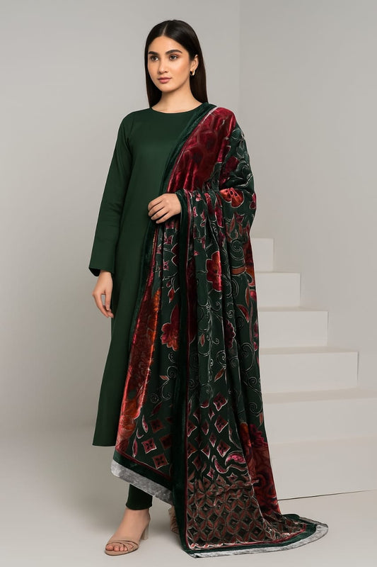 3 piece winter printed  Palachi Shawl with Rice karandi shirt & Trouser (green)