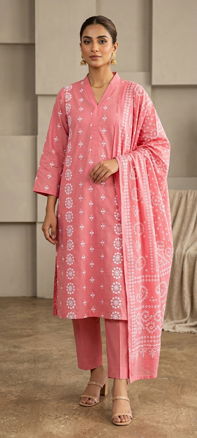 Unstitched 3 piece  Lawn  Embroided shirt with printed dubatta    (Blush Pink))
