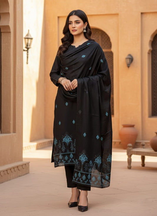 Lawn 3 piece with light weight Jacquard shawl Black.f